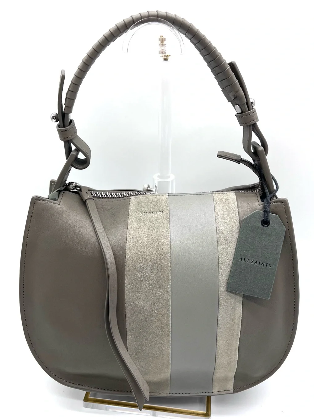 AllSaints Casey Lea Hobo Taupe Grey Leather Bag NWT MSRP $328 w/ Dust Bag